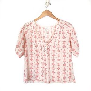 Leith Lace Up White Pink Tribal Print Blouse XS Nordstrom Small Top Short Sleeve